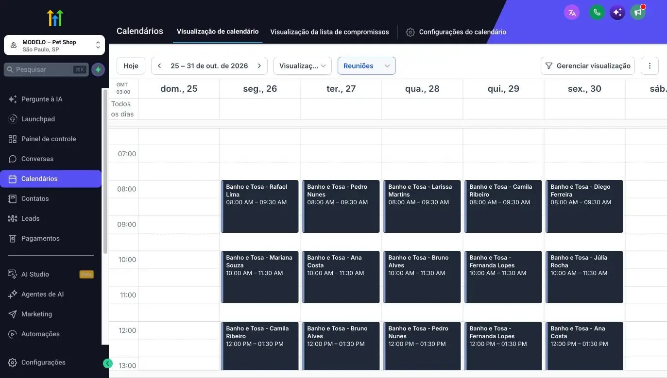 Agenda semanal de banho e tosa com horários marcados de segunda a sexta