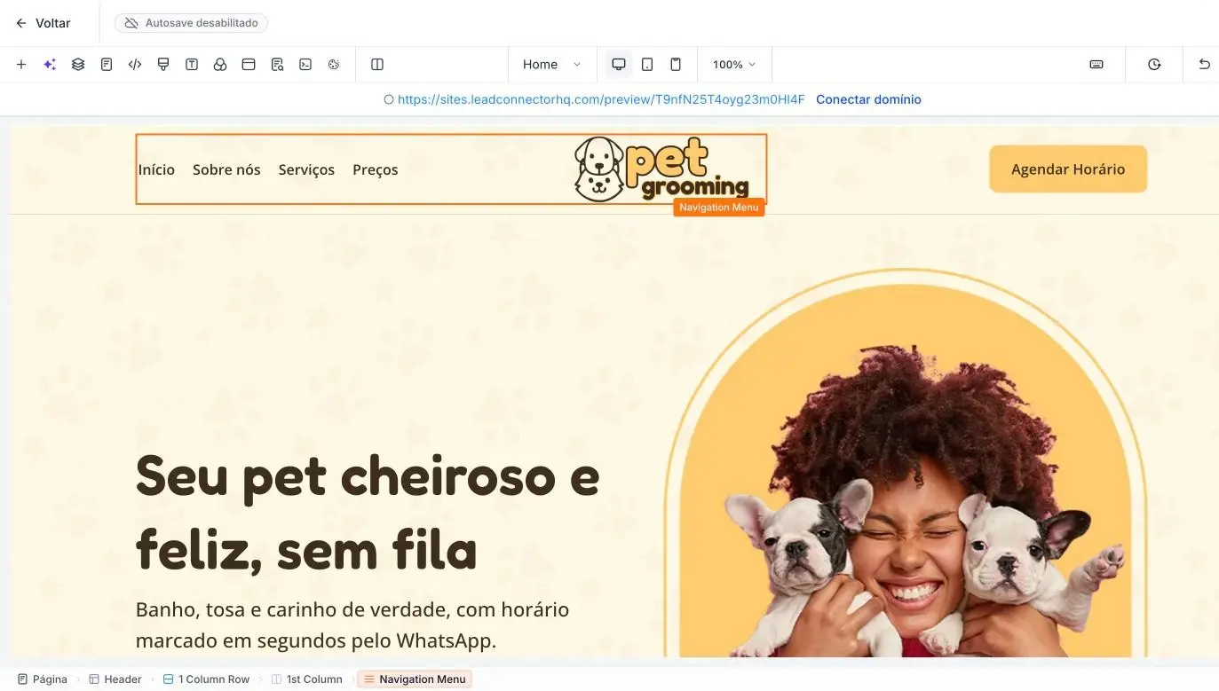 Construtor de sites do GoHighLevel editando a página de um pet shop